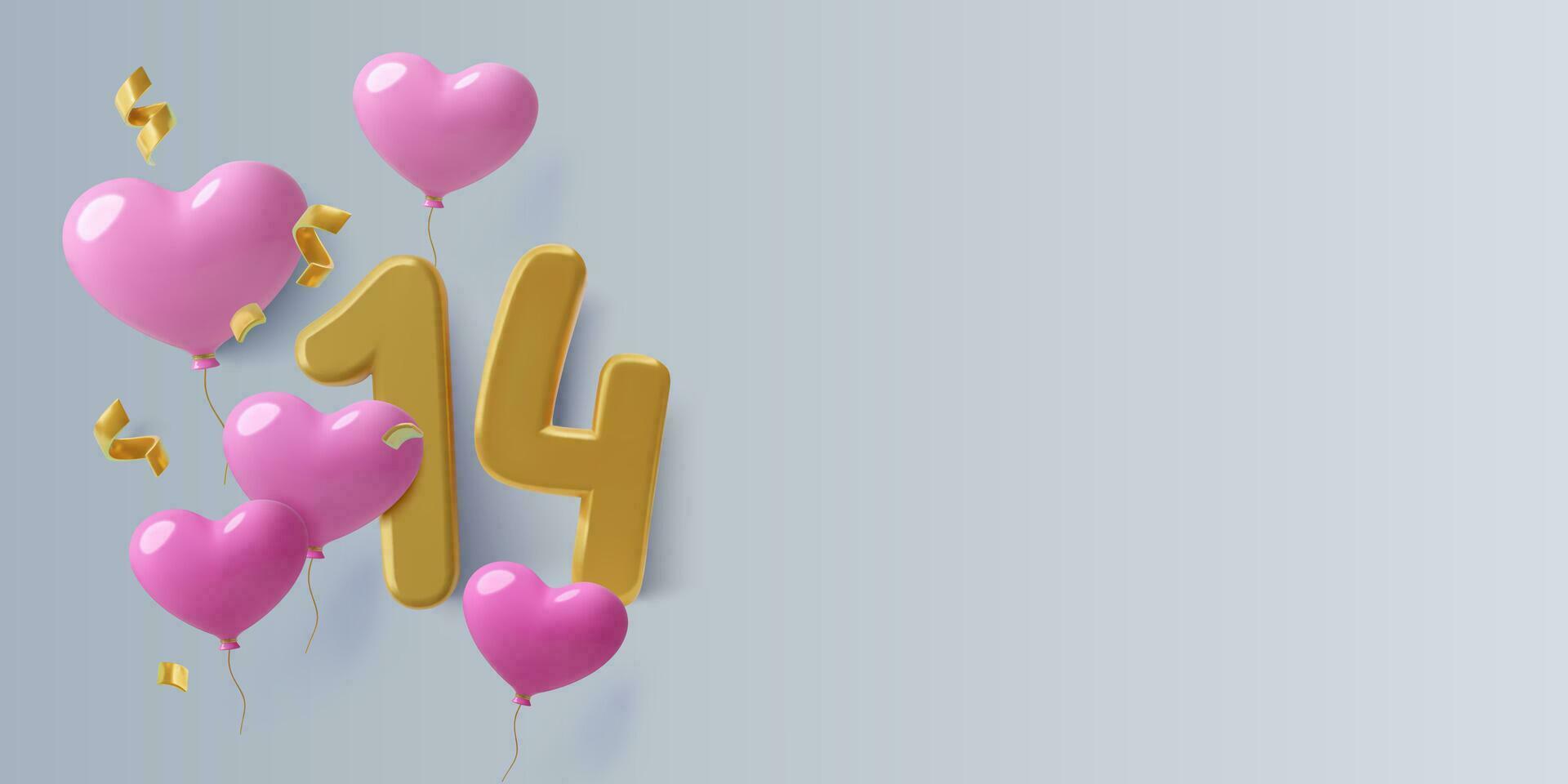 Valentine's Day 3D Background with number 14, pink heart balloons and copy space. February14 date romantic three dimensional design for party invitation or holiday banners. Vector illustration.