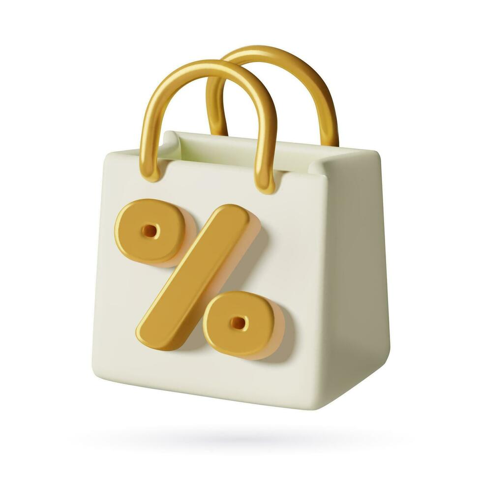 3D shopping bag with percent sale icon. Realistic white and gold shopper render. Vector illustration