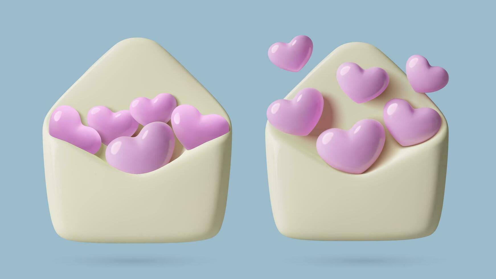 Opened envelope with pink hearts 3D icon. Romantic design with Valentines flying out the letter. Love mail concept for February 14. vector