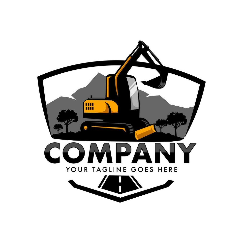 Excavator in road logo design illustration vector for construction company