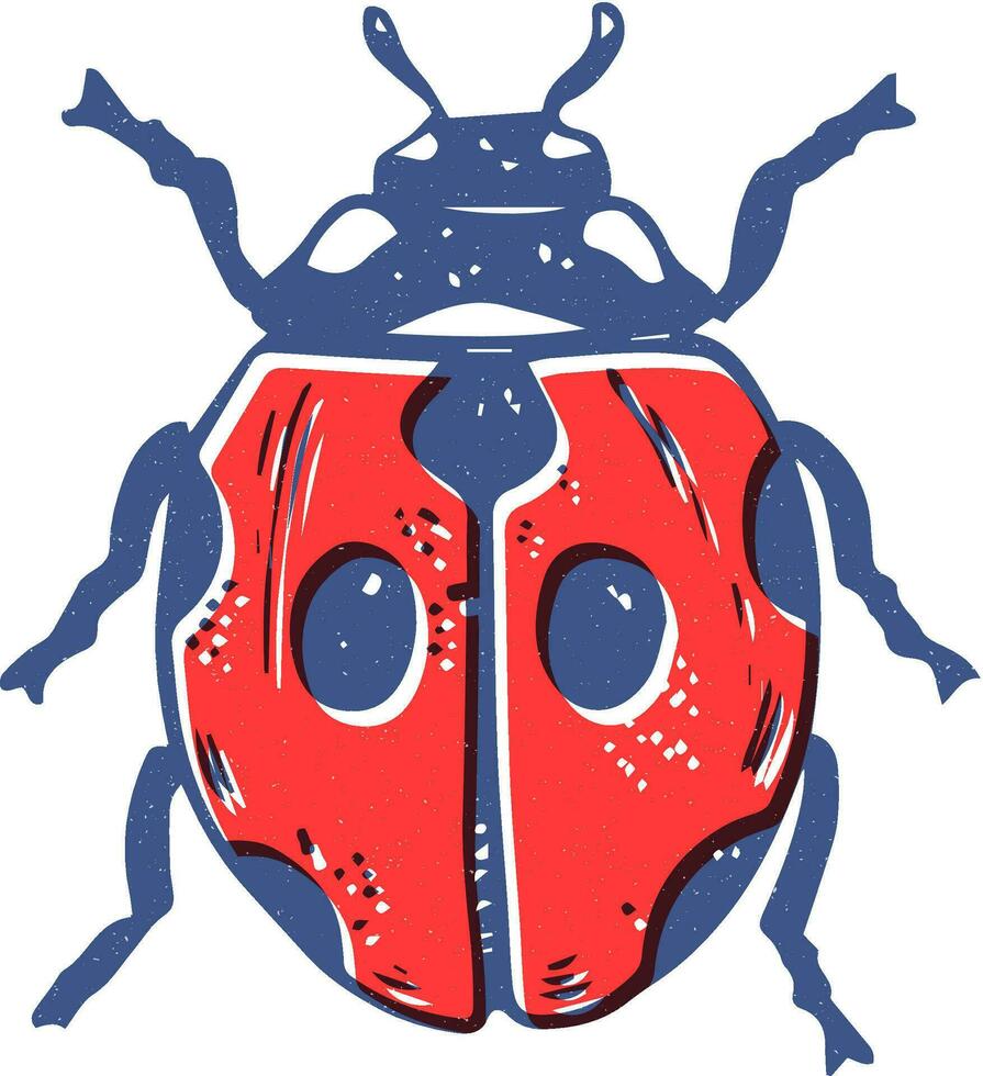 Single risograph effect style red ladybug illustration isolated on white background vector