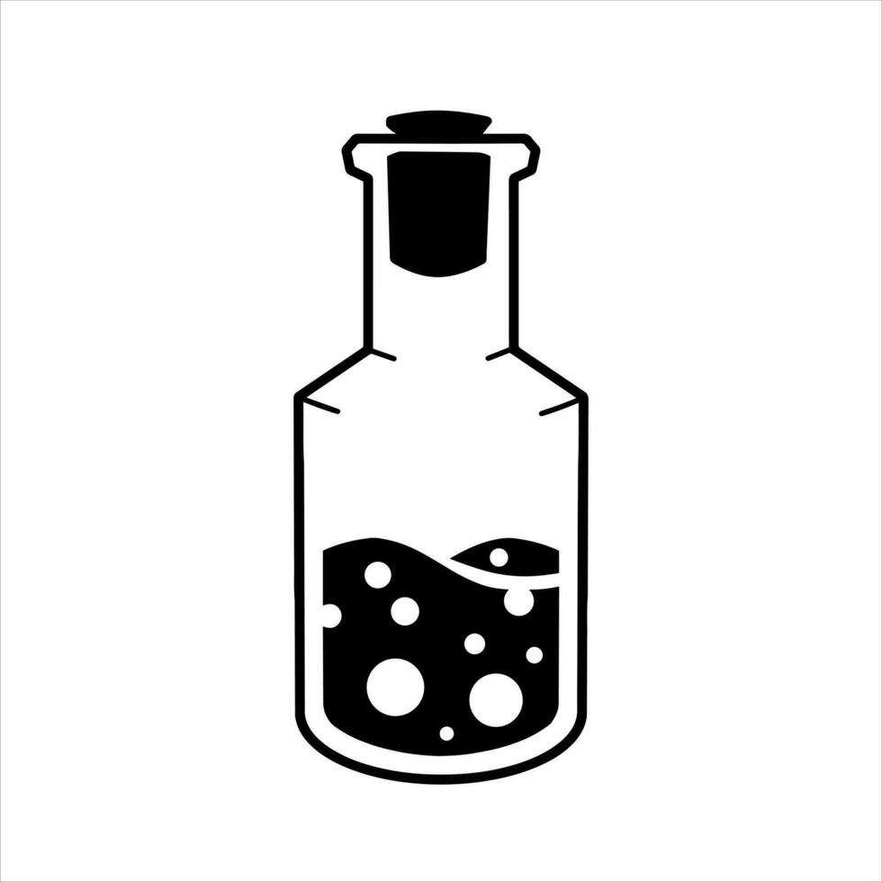 Magic bottle. Esoteric alchemy and glass elixir poison. Mystery chemistry drink. Fantasy cartoon magical mystic mixture, Vintage decorative element vector