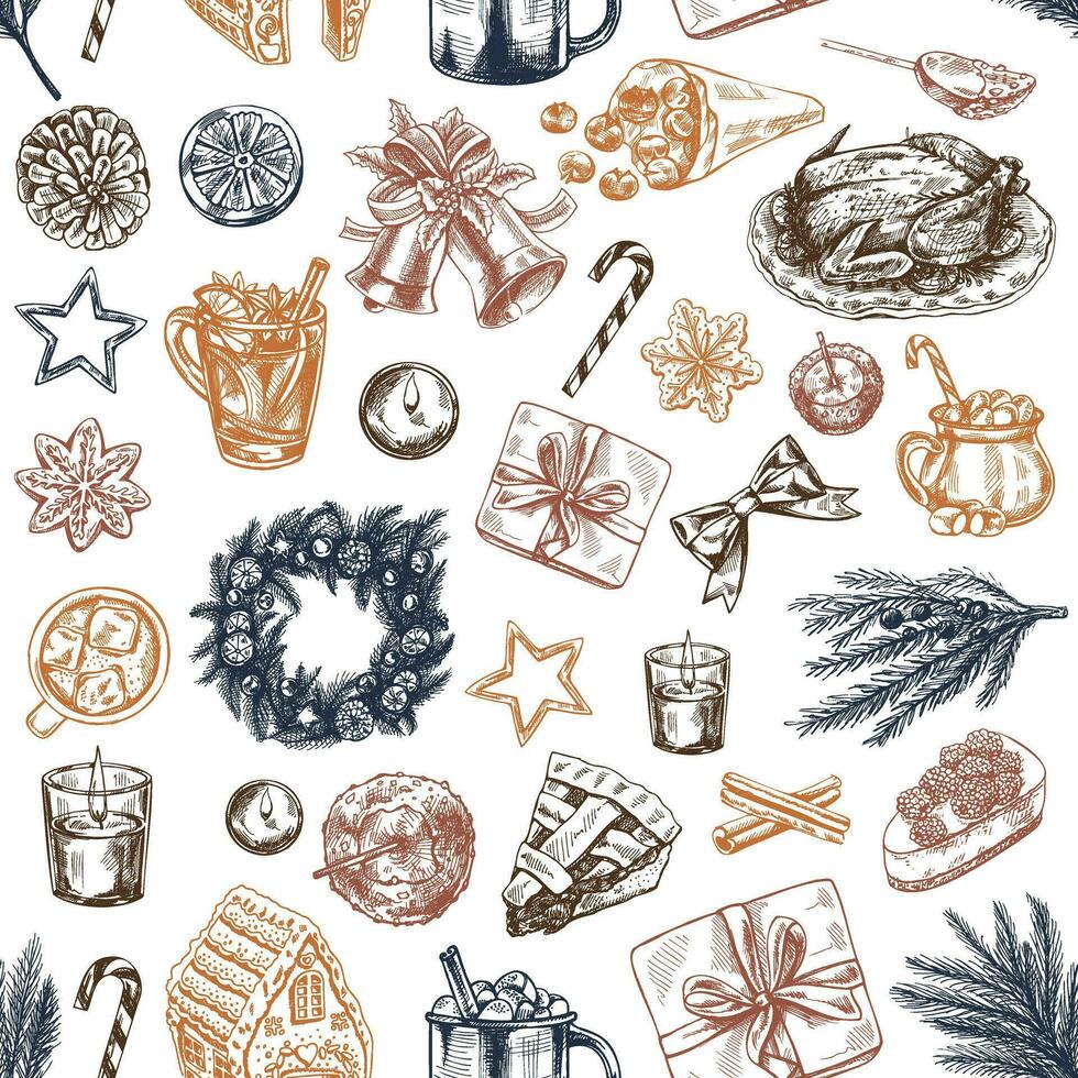 Seamless pattern of hand-drawn Christmas elements in sketch style. Festive decoration - wreath, gift, sweets, food, Christmas tree decor, drinks and spices sketches.  Ingraved. vector