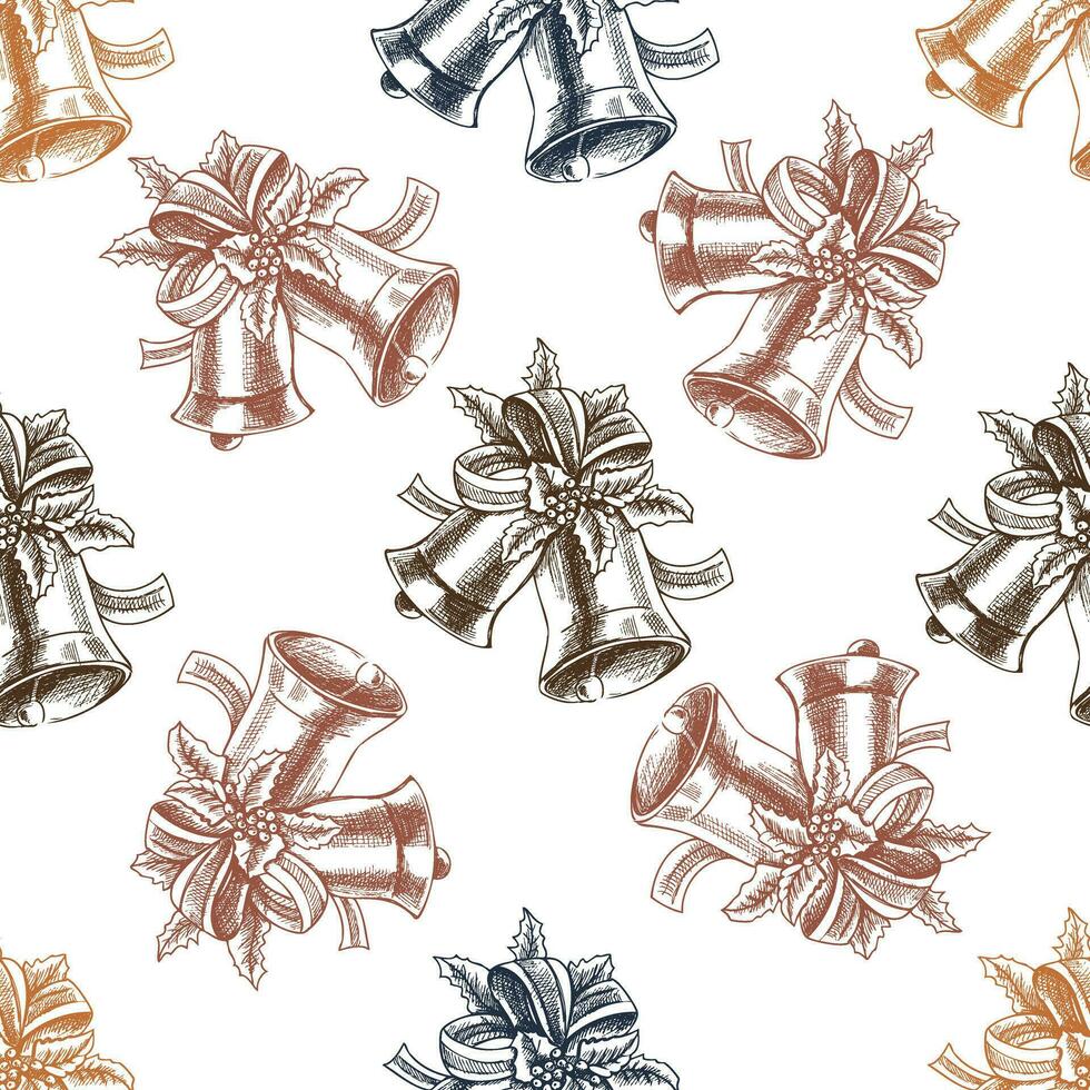 Seamless pattern of hand-drawn Christmas Bells in sketch style. Vector drawing. Traditional Christmas decoration. Vintage cozy seasonal holidays.