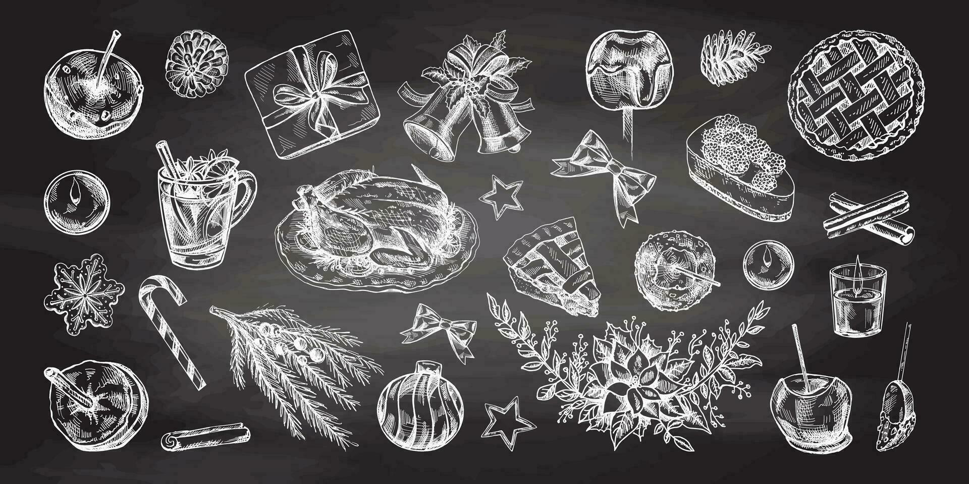 Hand-drawn Christmas set in sketch style isolated on chalkboard background. Festive decoration - wreath, gift, sweets, food, Christmas tree decor, drinks and spices sketches. Isolated. vector