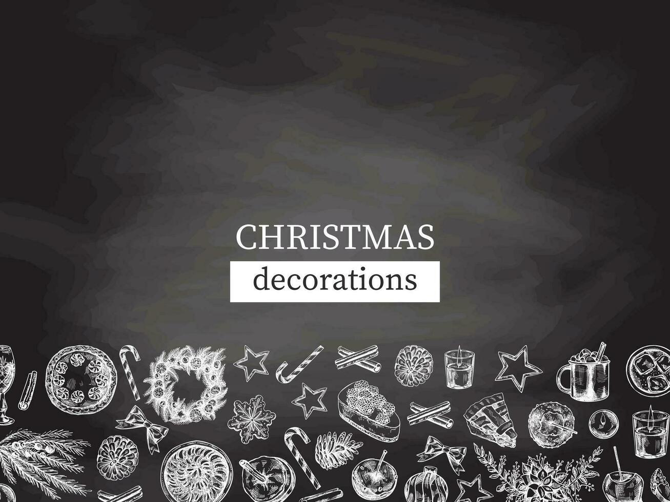 Hand-drawn Christmas template in sketch style. Wreath, gift, sweets, food, Christmas tree decor, drinks and spices on chalkboard background. Vintage design with an empty space. vector