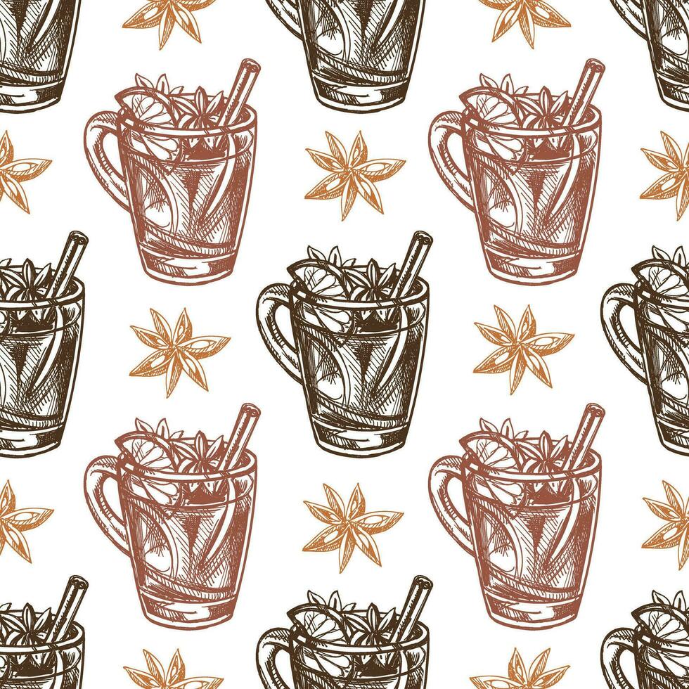 Seamless pattern of hand-drawn mug with mulled wine in sketch style. A warming drink. Traditional Christmas drink. Vintage cozy seasonal holidays. Good for menu. vector