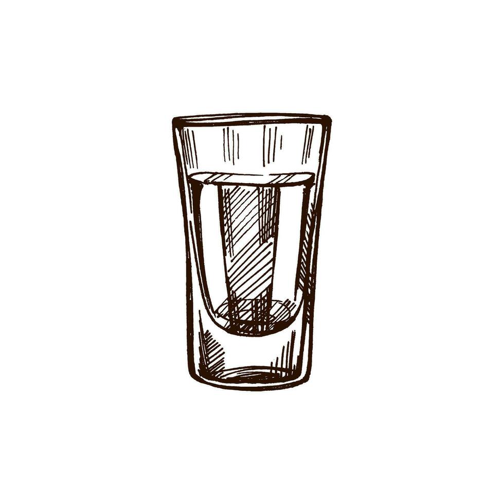 Hand-drawn shot glass with tequila. Design element for the menu of bars and restaurants, alcohol stores. Vector sketch illustration in engraving style. Mexican, Latin America.