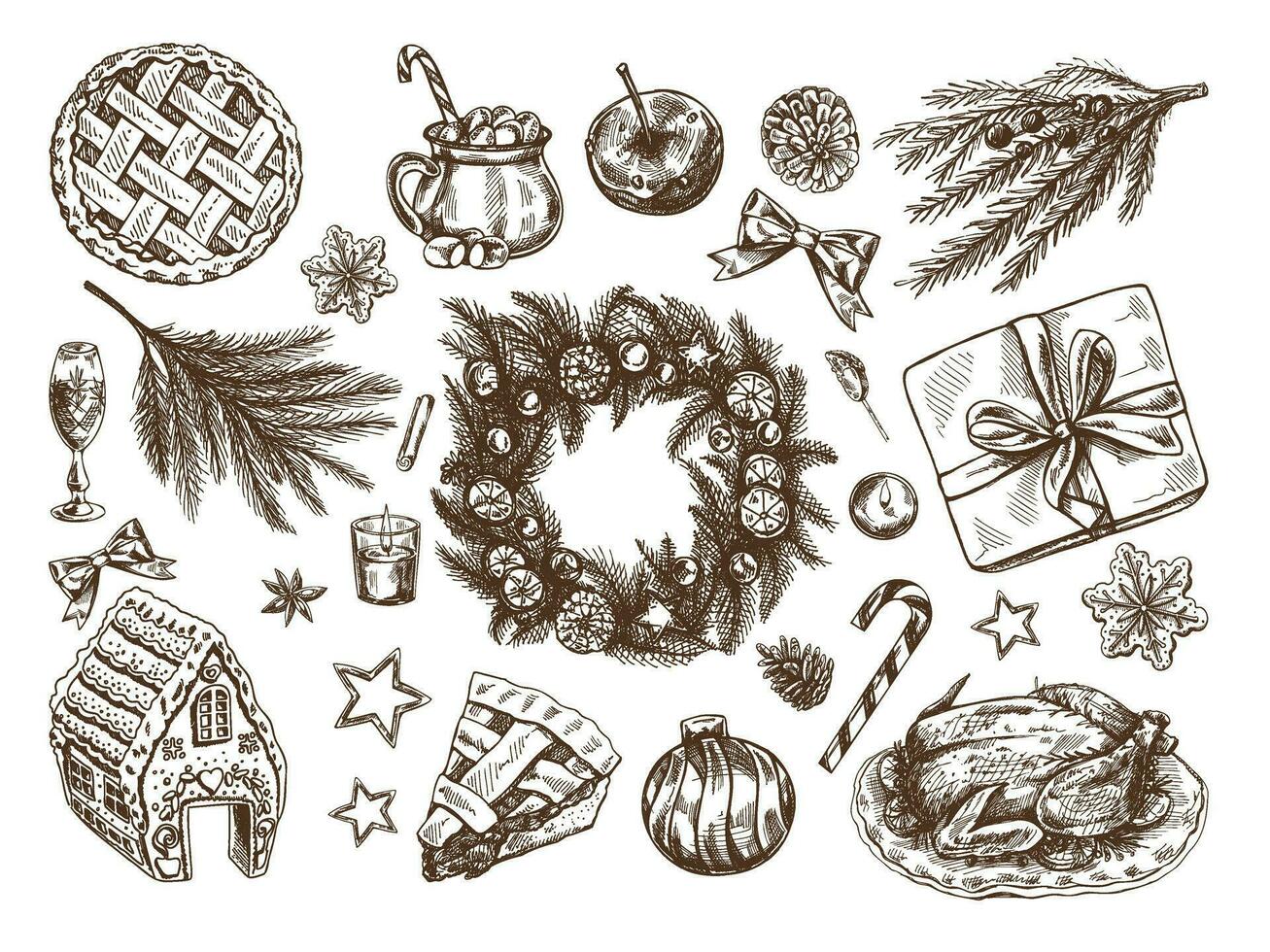 Hand-drawn Christmas set in sketch style. Festive decoration - wreath, gift, sweets, food, Christmas tree decor, drinks and spices sketches. Vintage design elements for winter holyday. Ingraved. vector