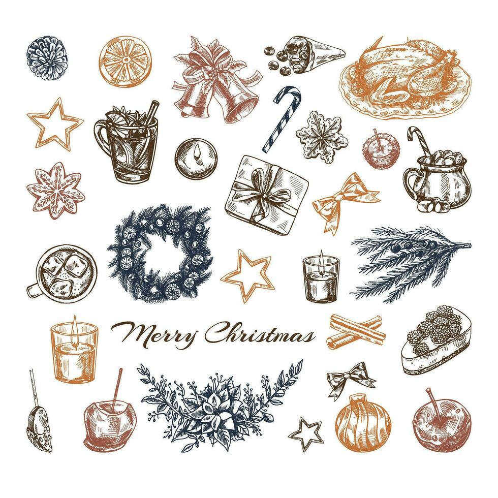 Hand-drawn Christmas set in sketch style. Festive decoration - wreath, gift, sweets, food, Christmas tree decor, drinks and spices sketches. Ingraved. vector