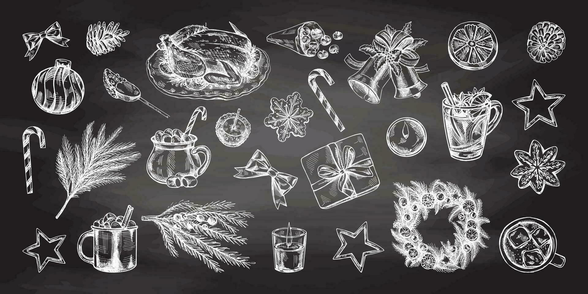 Hand-drawn Christmas set in sketch style isolated on chalkboard background. Festive decoration - wreath, gift, sweets, food, Christmas tree decor, drinks and spices sketches. Ingraved. vector