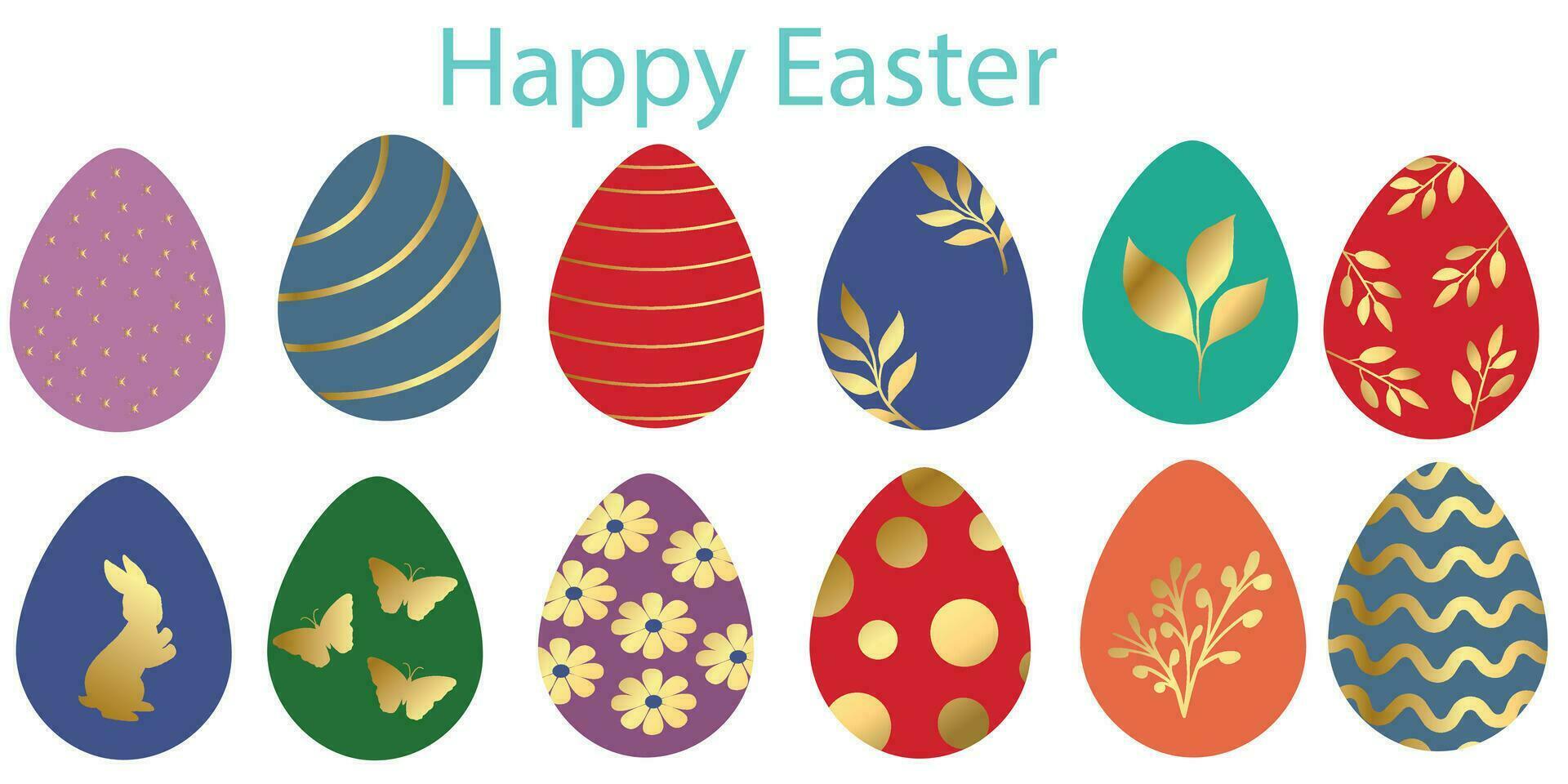 Set of colorful flat style easter eggs with gold decor. Luxury decorated collection of easter eggs isolated on white background. Stylish gold lines and floral decorative vector elements.