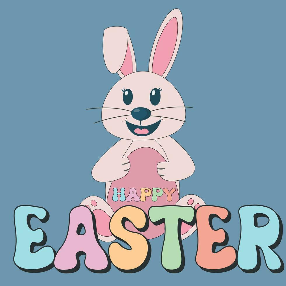 Groovy hippie Happy Easter bunnie characters with Easter egg. Trendy Easter design with typography, flowers, eggs, in pastel colors. Spring holiday concept in trendy retro 60s 70s cartoon style. vector