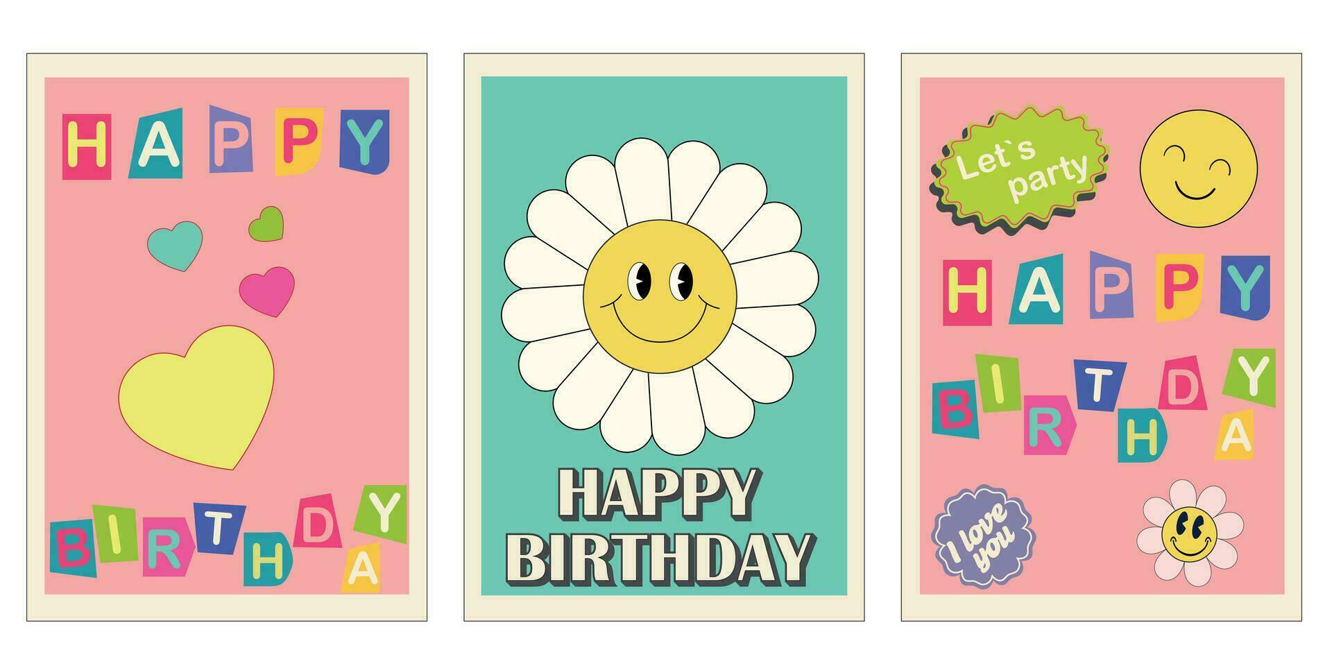 contento cumpleaños retro de moda saludo tarjeta colocar. y2k póster, tarjeta, bandera. Clásico tipográfico diseño para cumpleaños celebracion emblema en retro estilo vector