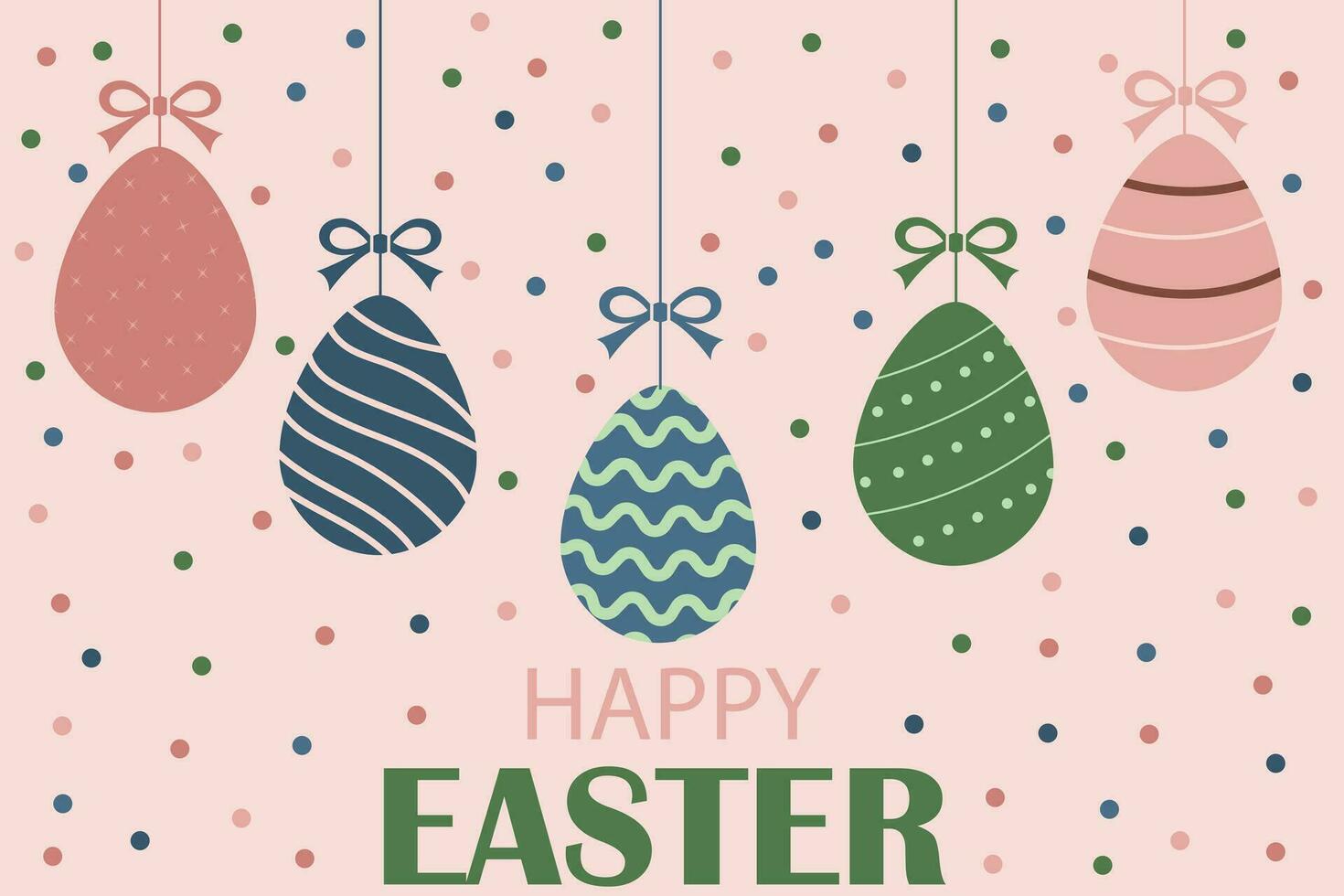 Happy Easter cute poster With hanging eggs. Easter background. Decorative hanging easter eggs, polka dot, heart shape, wave drawing pattern painted, butterfly vector