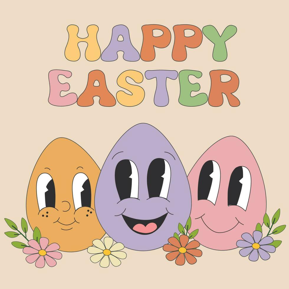 Retro groovy easter egg character. Cute siting mascot with banny ears holding littl chicken. Spring holiday concept in trendy retro 60s 70s cartoon style. vector