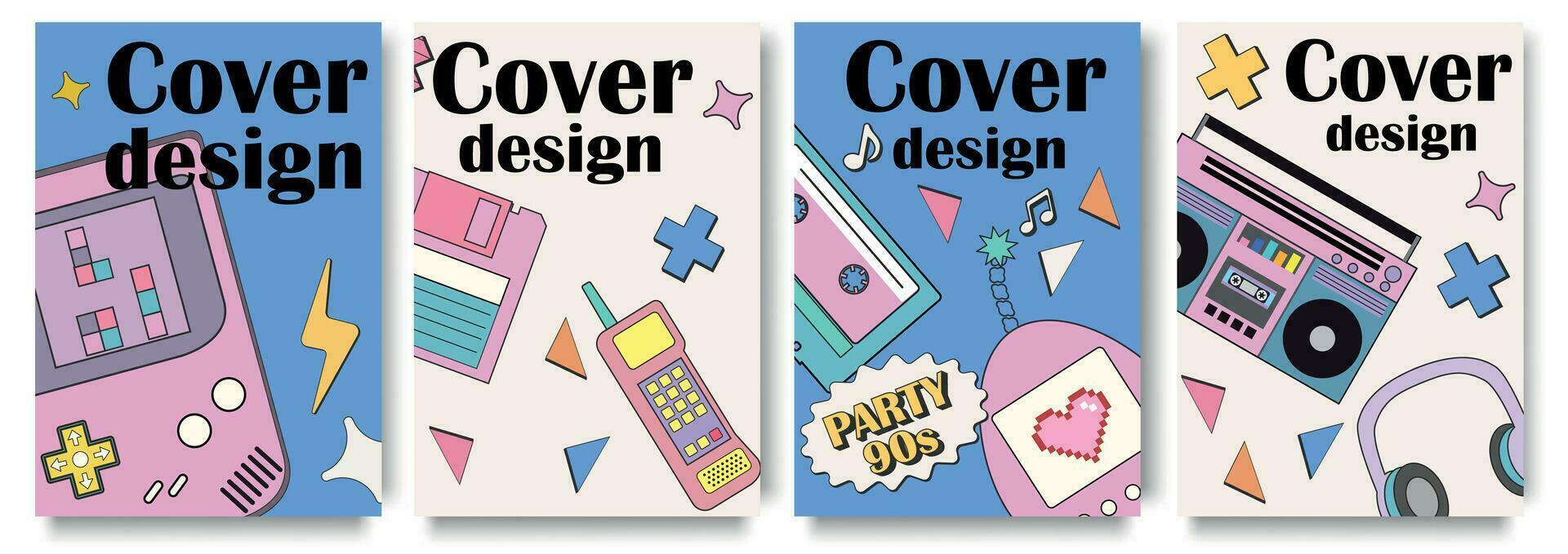 90s retro cover brochure set in flat design. Poster templates with old gamepads, music cassettes and disks, game gadgets, headphones, nostalgia items and elements. Vector illustration