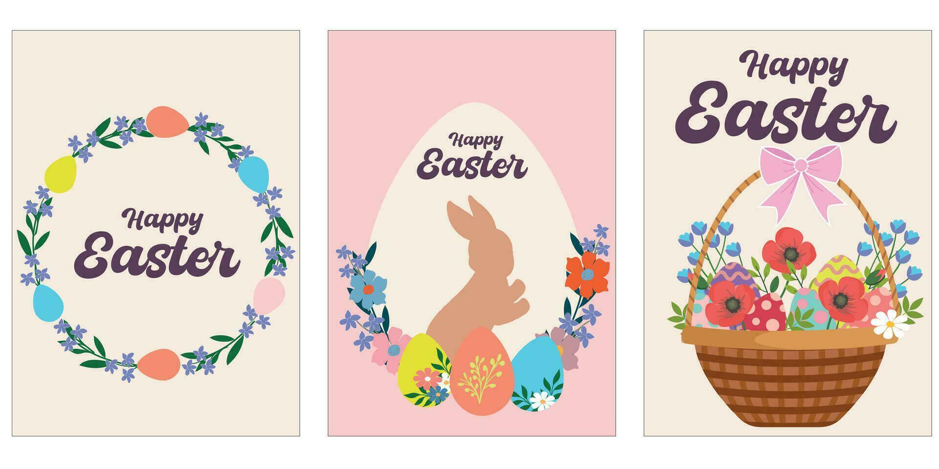 Happy Easter banners set. Collection of posters with branches, colorful eggs, bird and rabbit. Spring traditional religious holiday. Flat vector illustrations isolated on white background