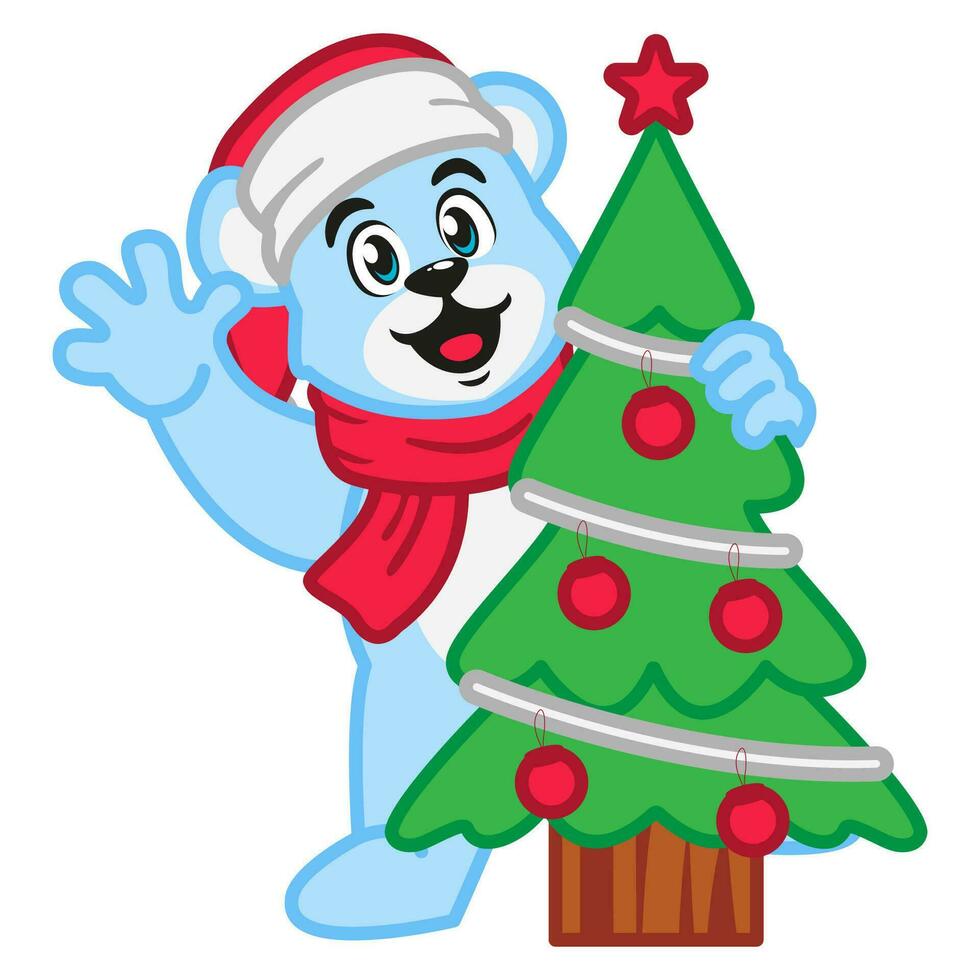 Polar bear in Santa Claus hat and scarf decorating a Christmas tree vector