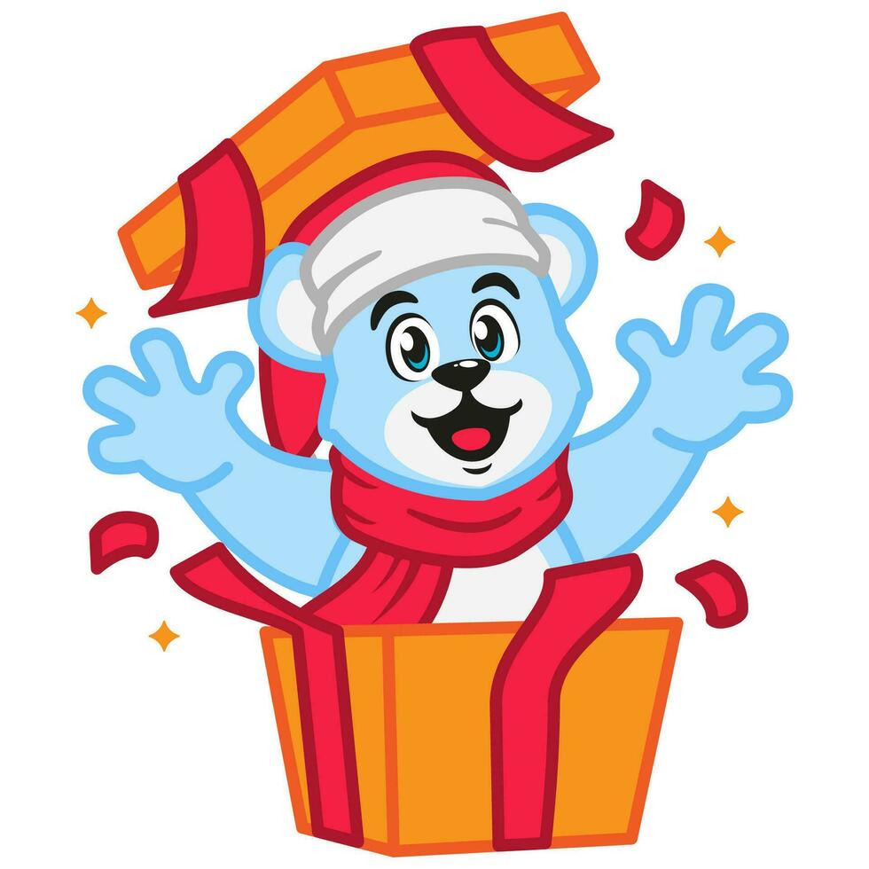Cute Polar Bear Wearing a Santa Claus Costume with surprise gift box vector