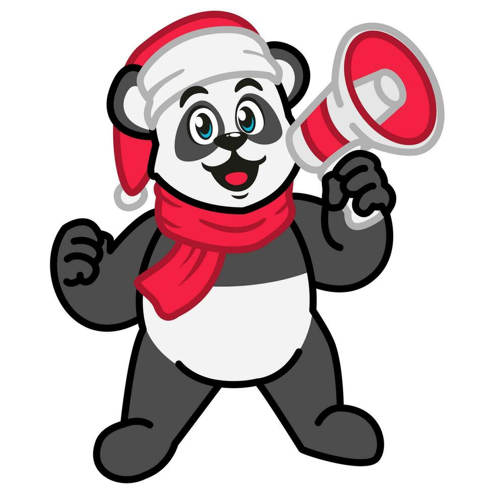 Panda in a red scarf and a santa hat with a megaphone in his hand vector
