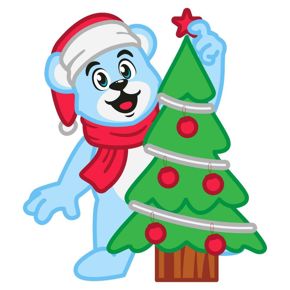 Polar bear in Santa Claus hat and scarf decorating a Christmas tree vector