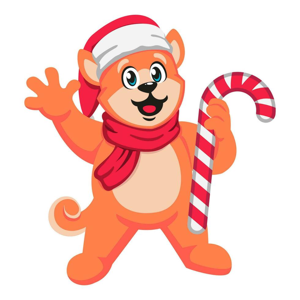 Cute cartoon dog in a red scarf and hat with candy cane vector