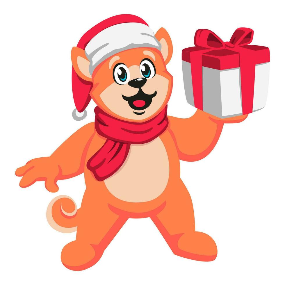 linda dibujos animados perro en Papa Noel sombrero con regalo caja vector