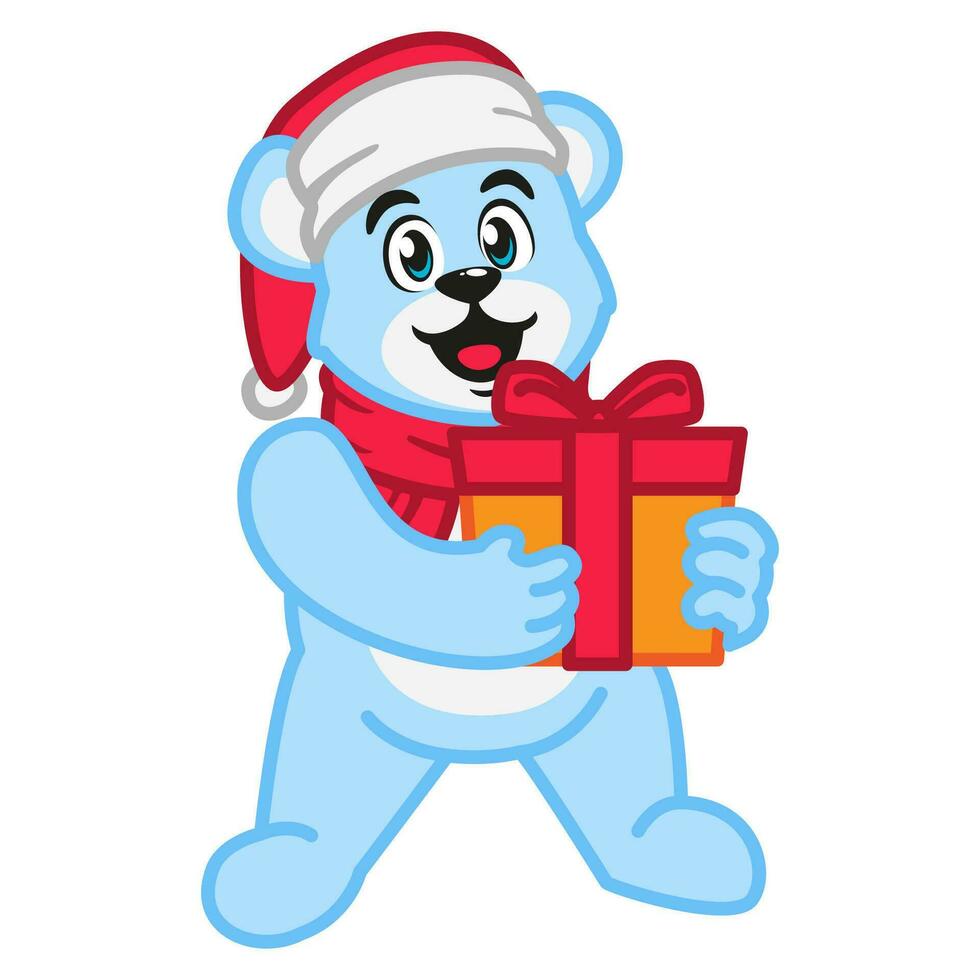 a cute polar bear wearing a santa hat and scarf holding a gift box vector
