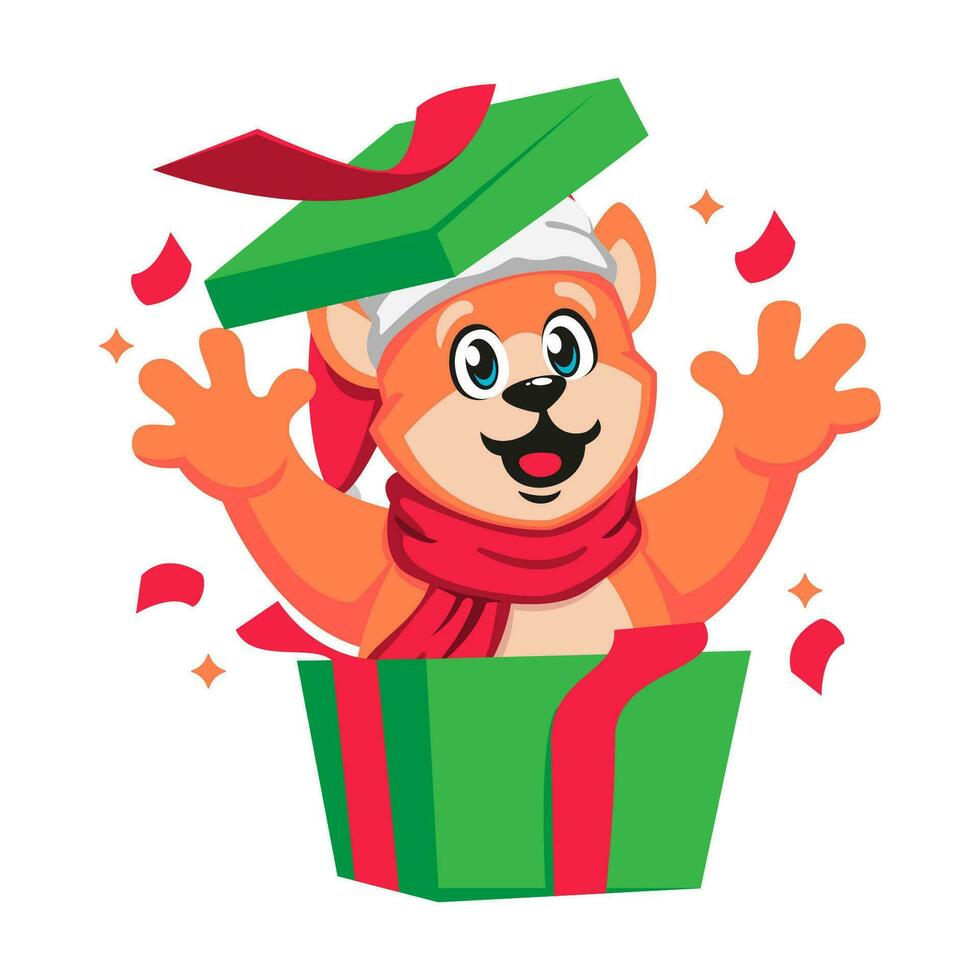 linda dibujos animados perro en Papa Noel sombrero con regalo caja vector