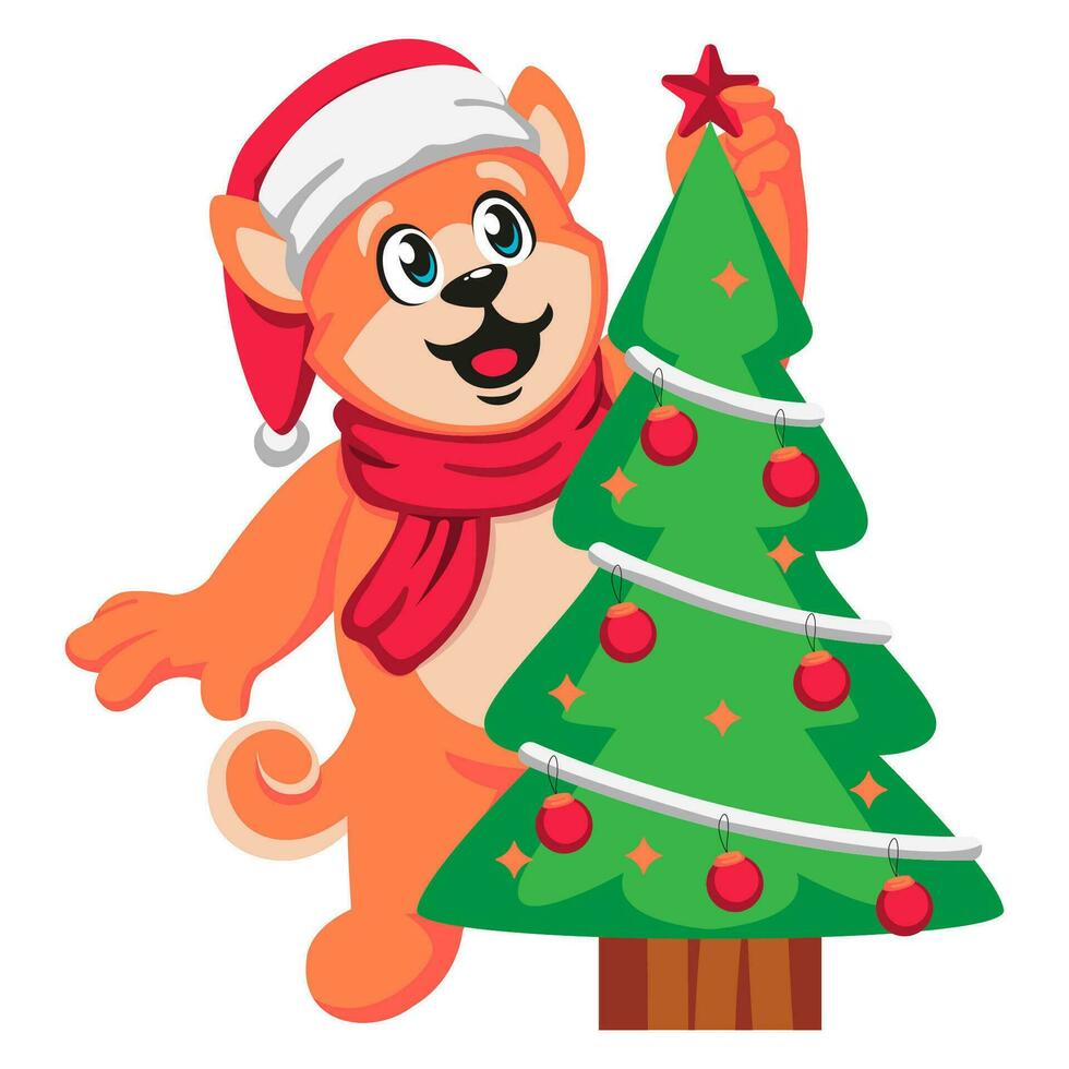 linda dibujos animados perro en Papa Noel sombrero con Navidad árbol vector