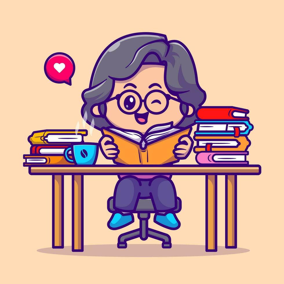 Cute Girl Reading Book Cartoon Vector Icon Illustration. People Education Icon Concept Isolated Premium Vector. Flat Cartoon Style