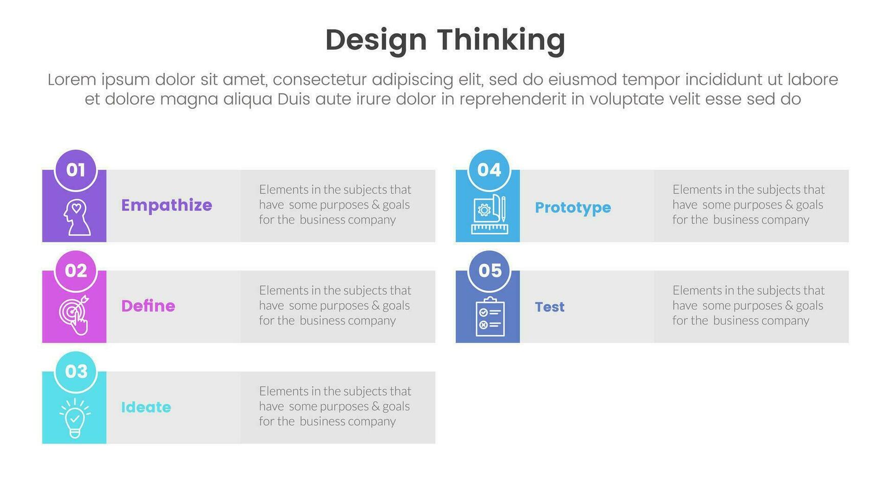 design thinking process infographic template banner with long rectangle box grey background with 5 point list information for slide presentation vector