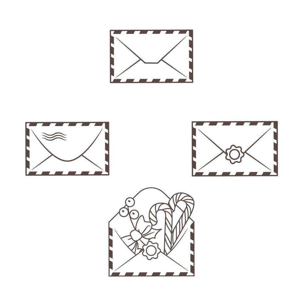 Linear Set of isolated retro envelopes on white background for design. Vector outline style illustration