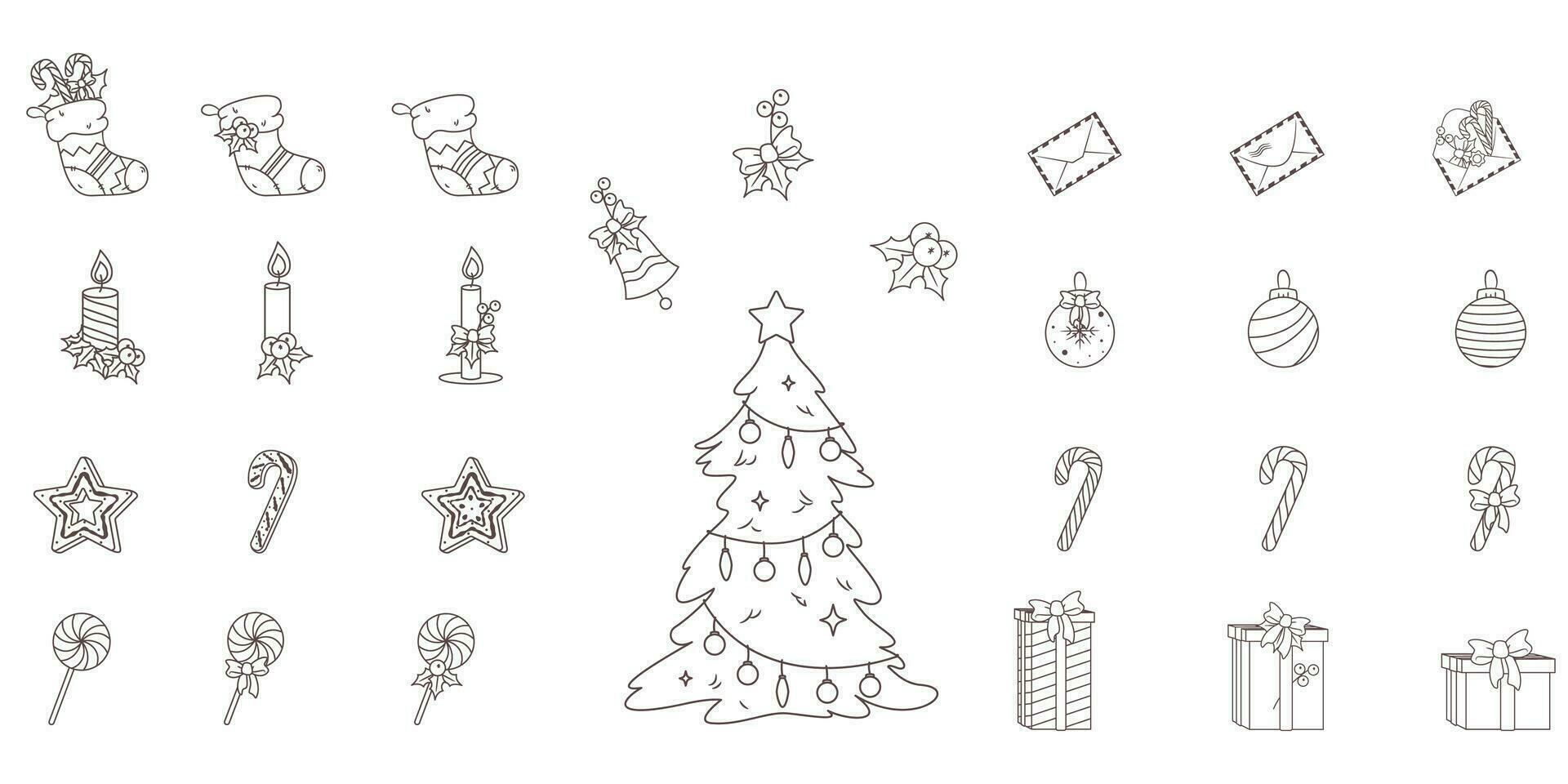 Vector Set of winter, Christmas and New Year symbols. Isolated Outline elements for xmas and season's Greetings themes. Several variations of gift boxes, candles, caramels, ornaments and stockings