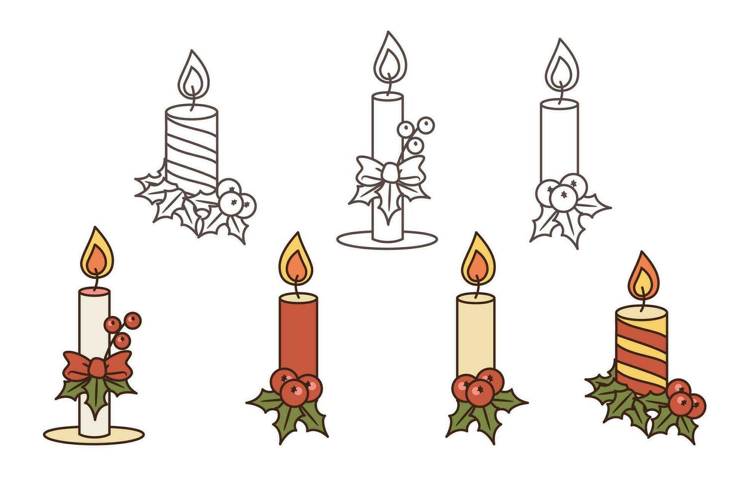 Vector set of Christmas candles in retro style. Isolated Vintage colorful and outline elements