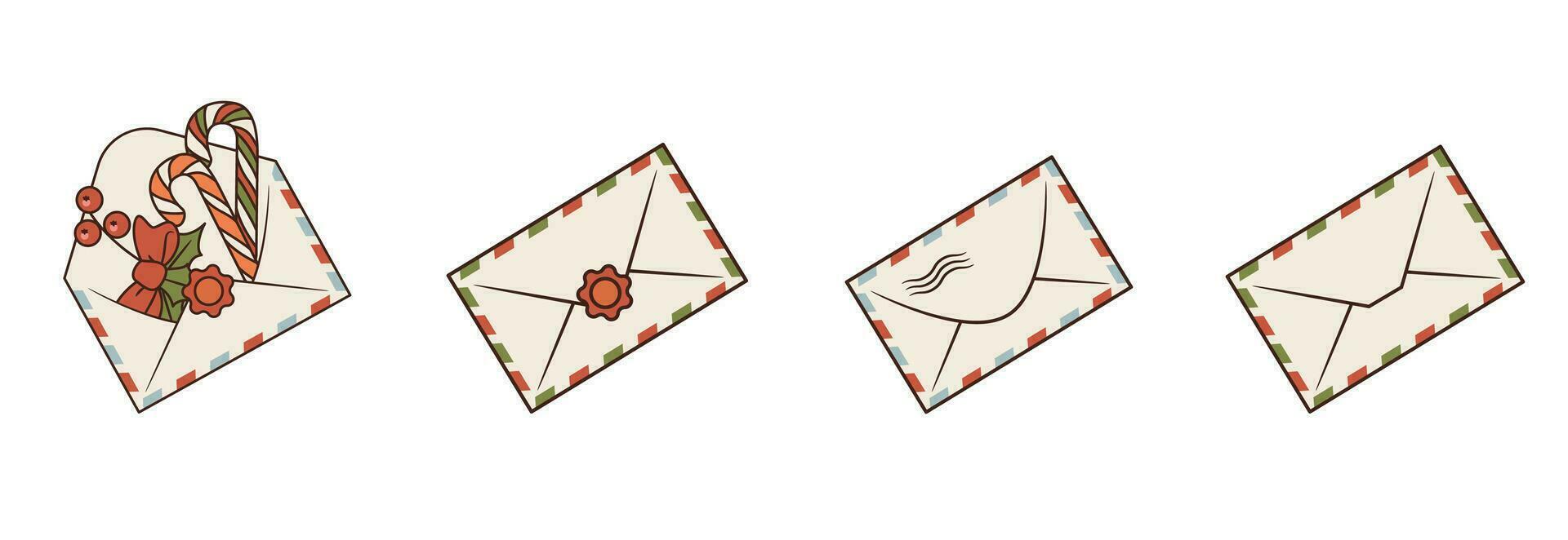 Vector Set of Isolated Christmas envelopes. Three empty closed and one open envelopes with candy canes and holly berry inside