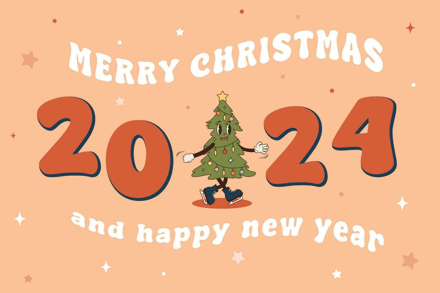 Vector Merry Christmas and Happy New Year greeting card with Christmas tree. Illustration in retro groovy style with Peach Fuzz background, color of the year 2024. Holiday greeting banner