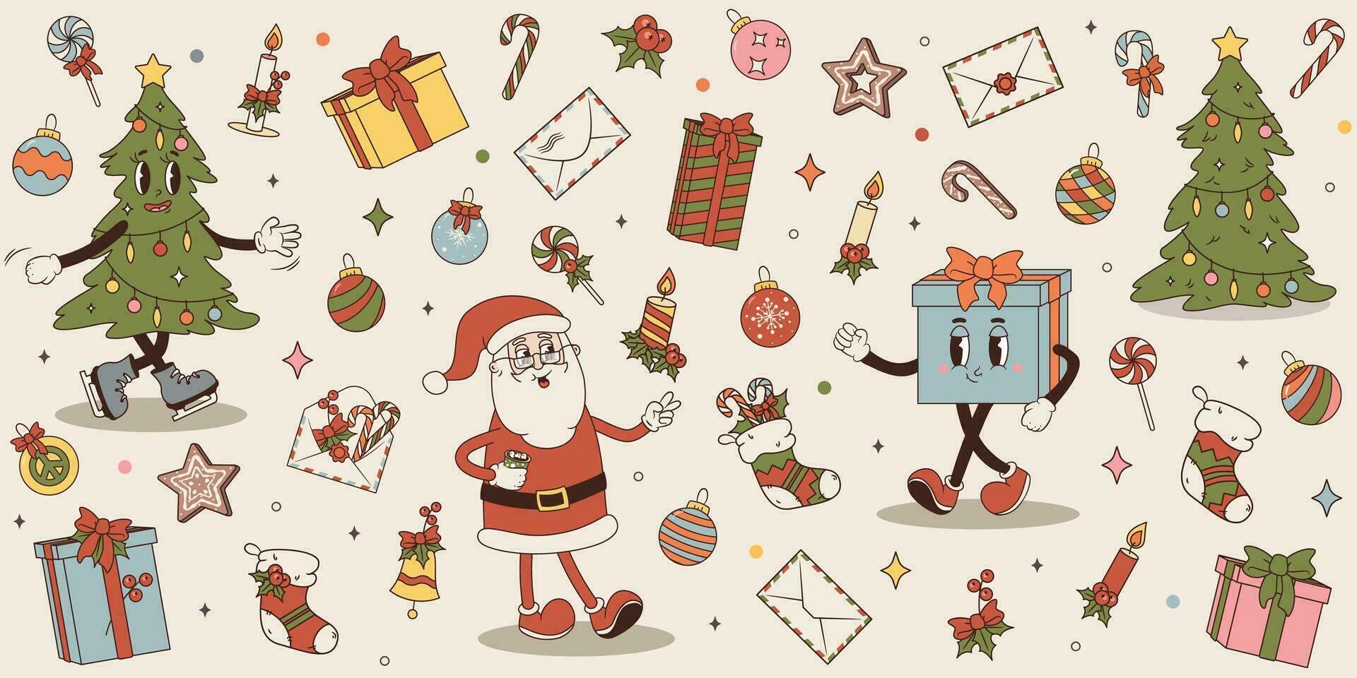 Vector Groovy set of Merry Christmas and Happy New year symbols. Illustrations of retro xmas tree, gift and Santa characters and decorations and sweets