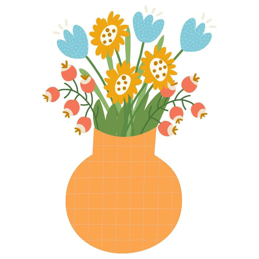 Bouquet of flowers in vase. Hand drawn vector illustration