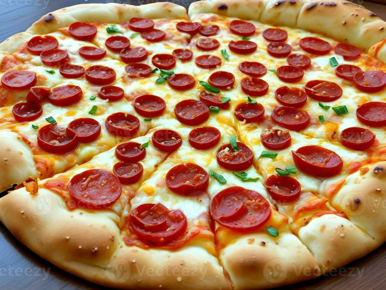 AI generated A steaming hot pizza with melted cheese, juicy pepperoni, and a sprinkle of oregano photo