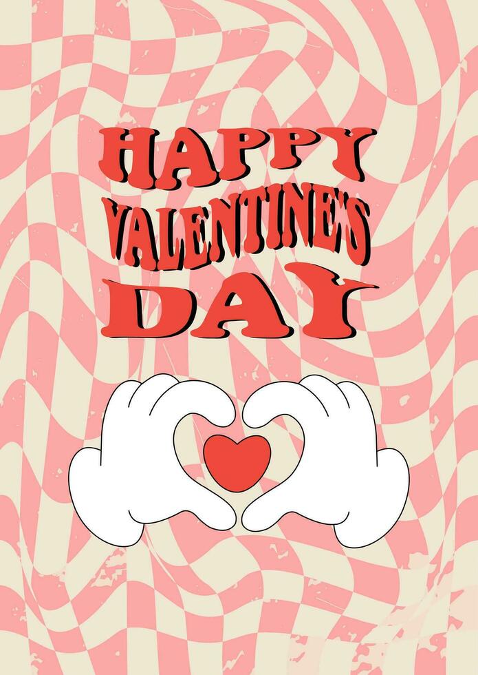 Postcard, poster, cover of Valentine's Day. Cartoon gesture of the hands of the heart. Retro style of the 60s, 70 years. vector