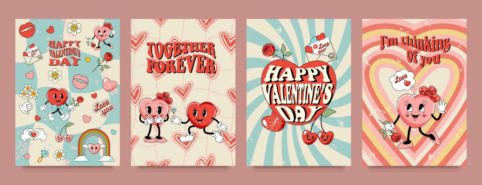 A set of postcards, posters, covers, Valentine's Day flyers. Characters and heart decor. Retro style 60s, 70s. vector