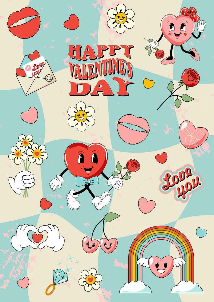 Postcard, poster, cover of Valentines Day. Cartoon decor, characters. Retro style of the 60s, 70 years. vector