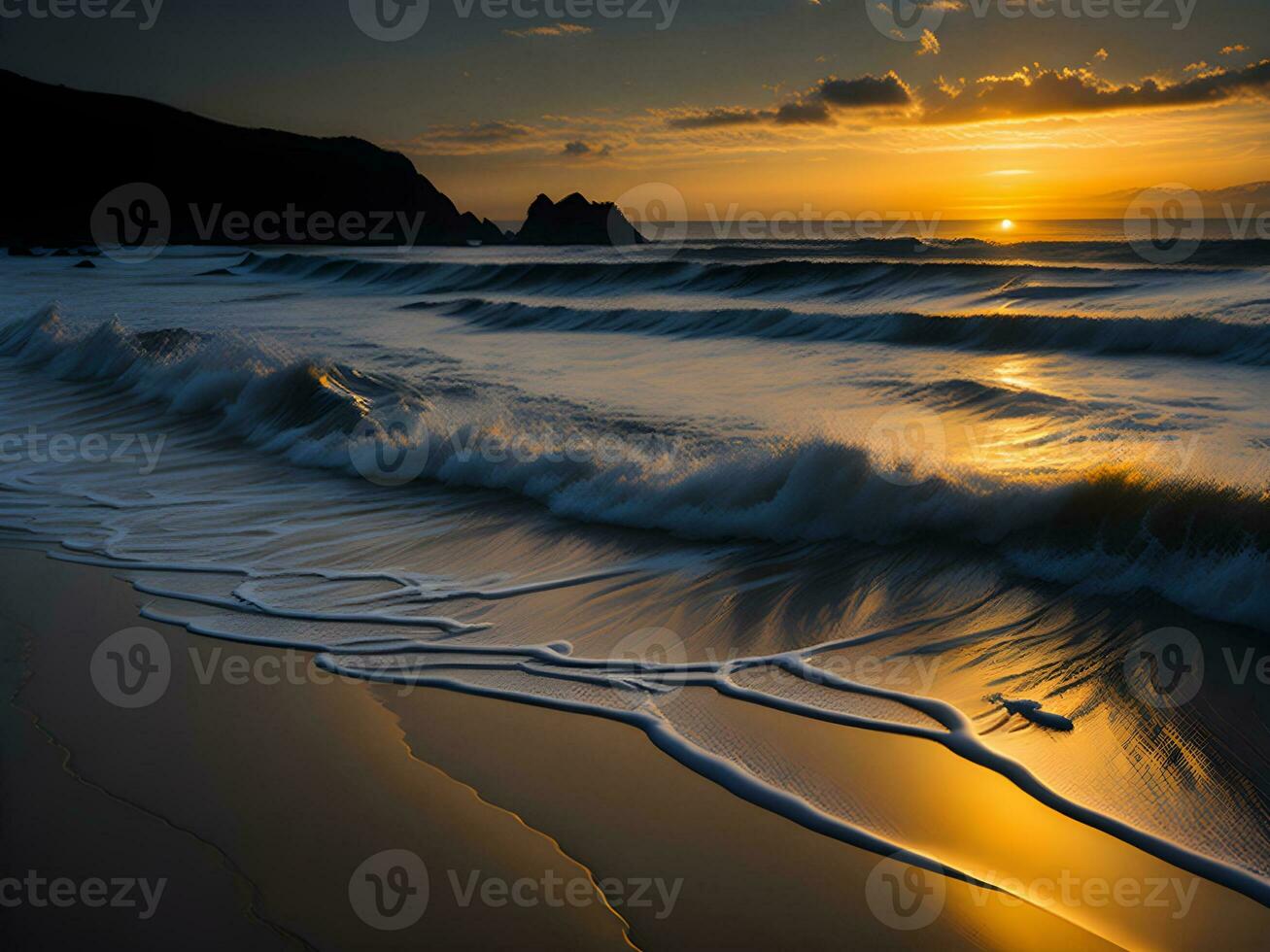 AI generated Beautiful sunset over the sea with waves breaking on the shore. photo