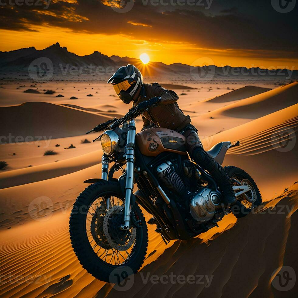 ai generado motocicleta jinete en el Desierto a puesta de sol. foto