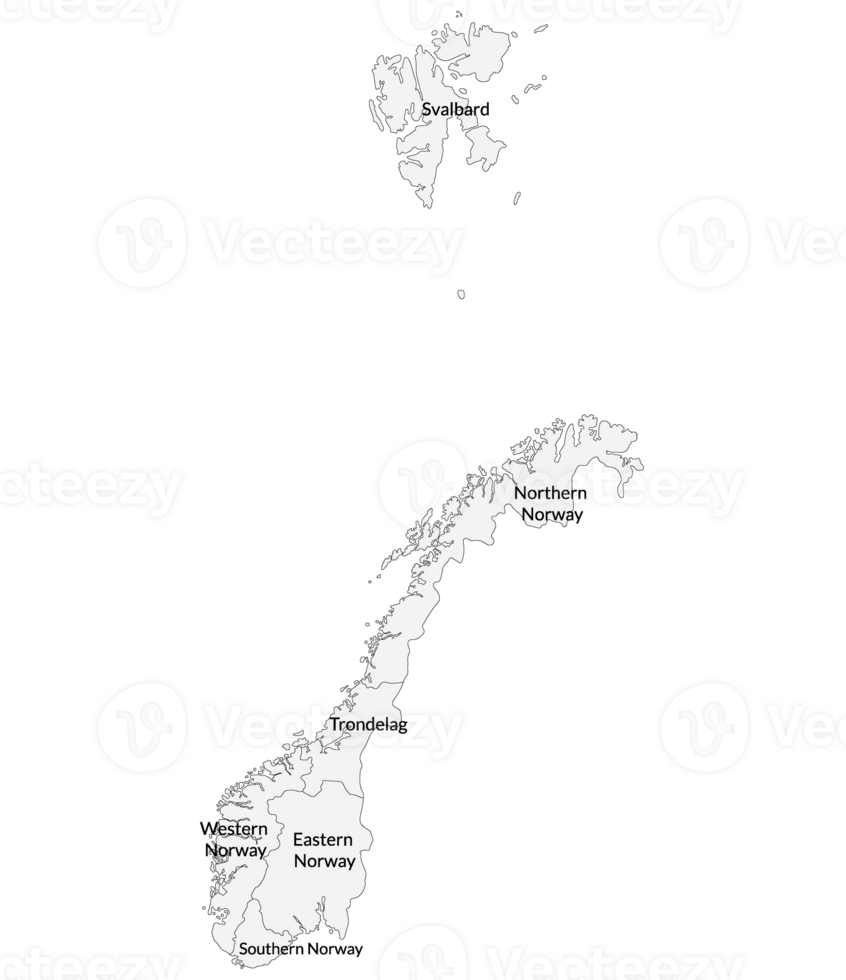 Norway map. Map of Norway divided into six main regions in white color png