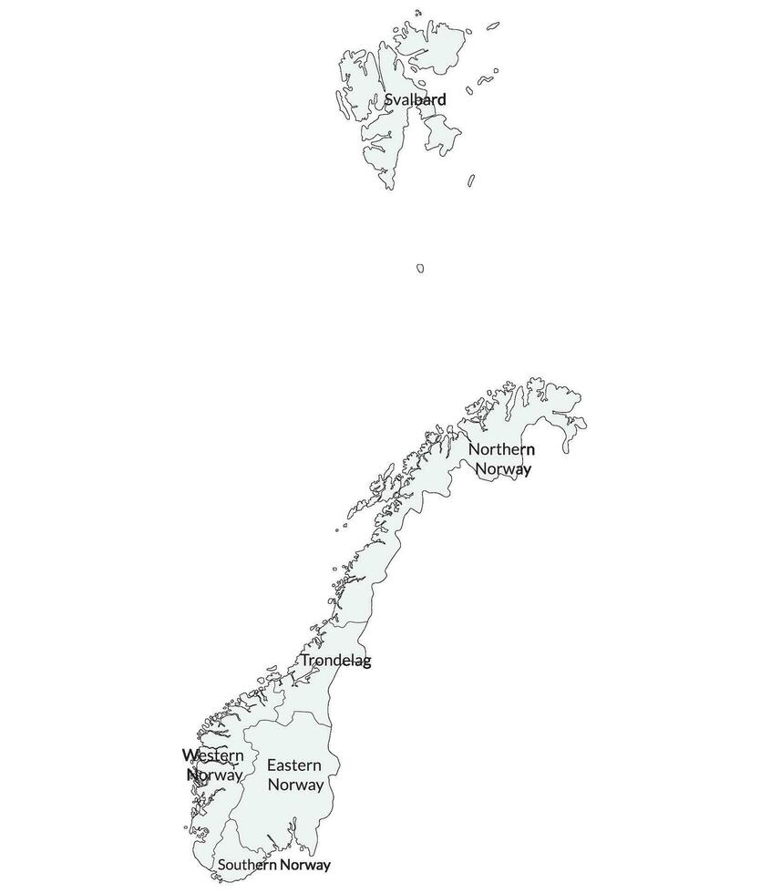 Noruega mapa. mapa de Noruega dividido dentro seis principal regiones en blanco color vector