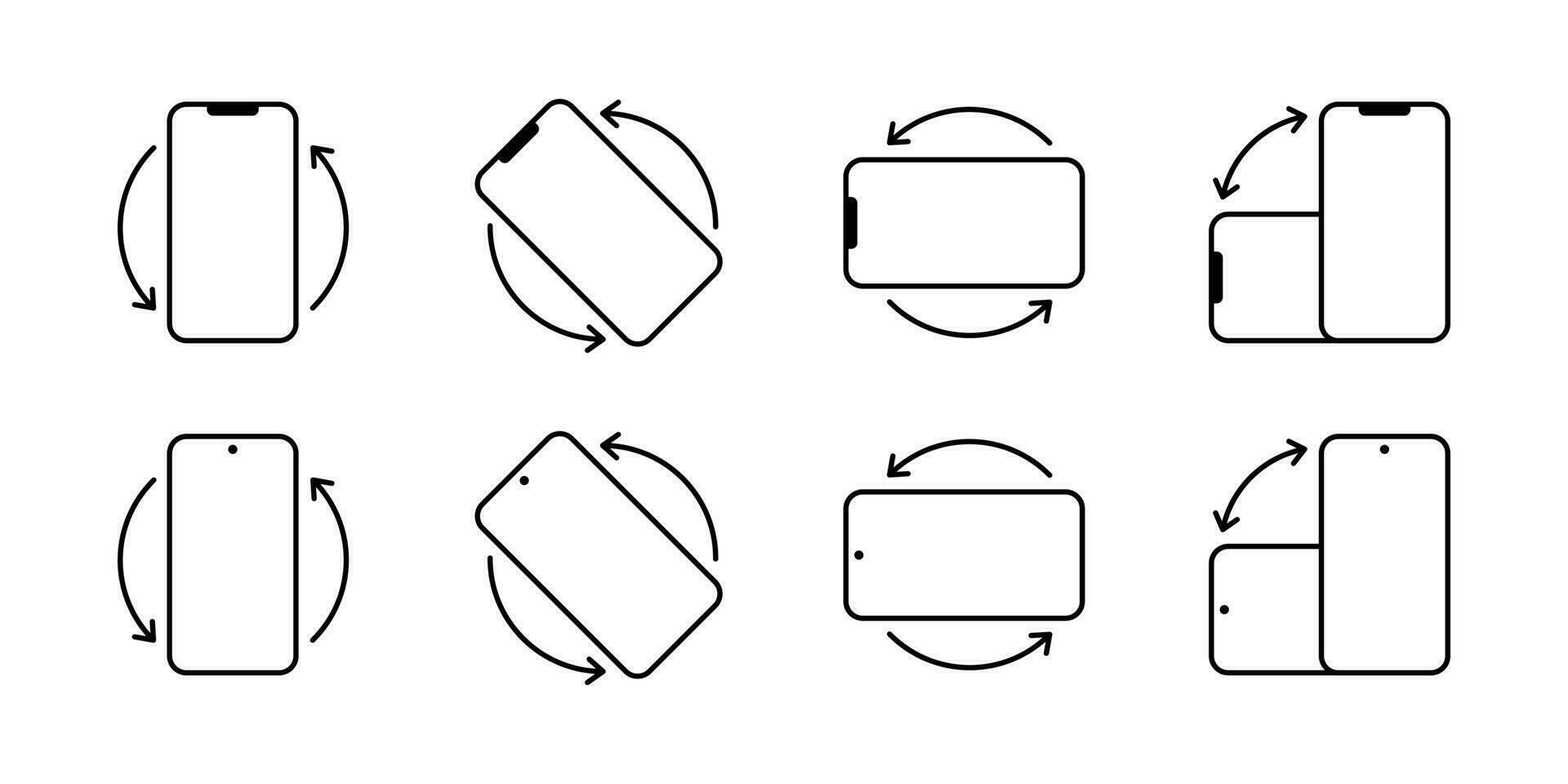 Rotate smartphone icons isolated on white background. Mobile screen rotation. Turn your device. Vector line style illustration for website and app