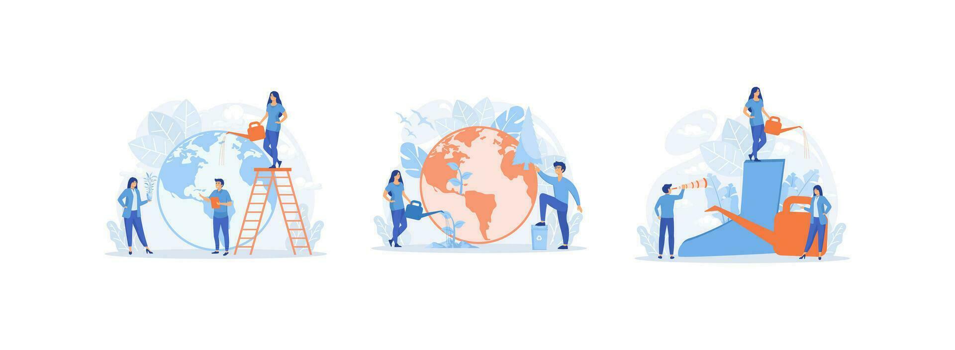Ecology concept.World Environment Day, watering can and flowers. Ecology 2  set flat vector modern illustration